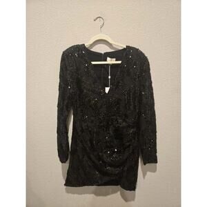 Torn by Ronny Kobo Black Sequin Knee Length Dress M Long Sleeve V-Neck Party
